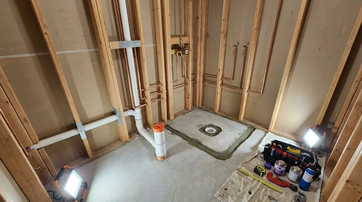 Bathroom rough-in plumbing during remodel by Johns Plumbing LLC in Corydon