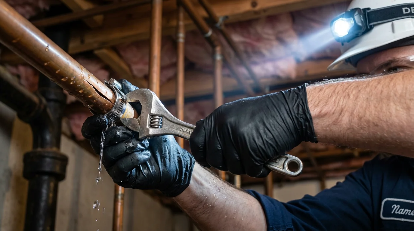 Emergency pipe clamp repair being performed by a Johns Plumbing LLC plumber in Corydon