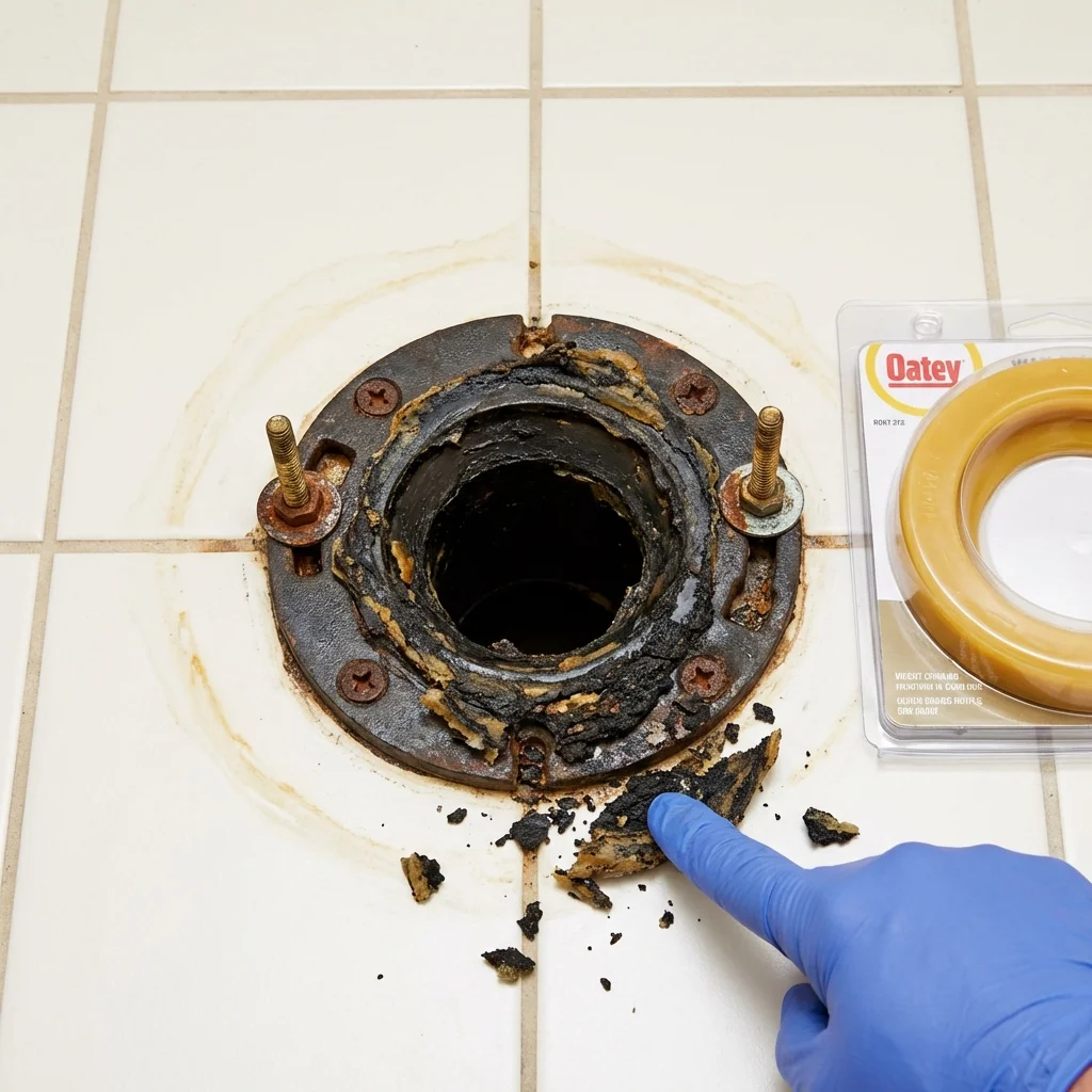 Failed wax ring showing water seepage at the base of a toilet in a Corydon, IN home