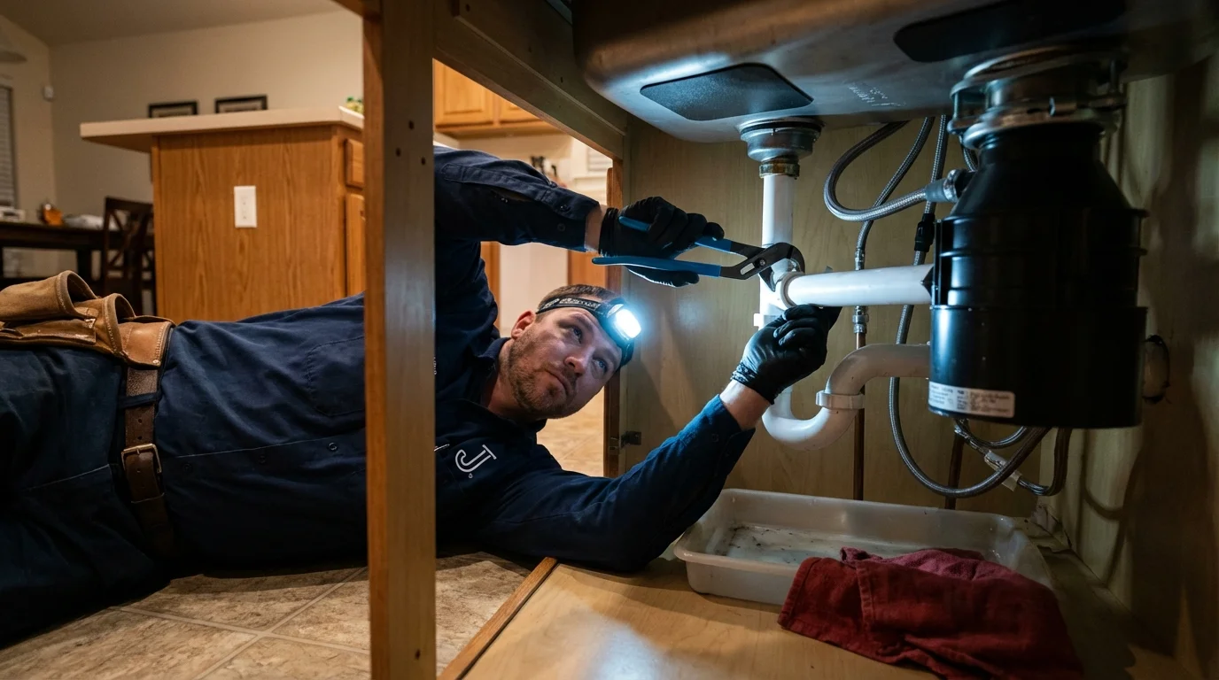 P-trap and supply line connections under a kitchen sink showing a common leak point in Corydon, IN